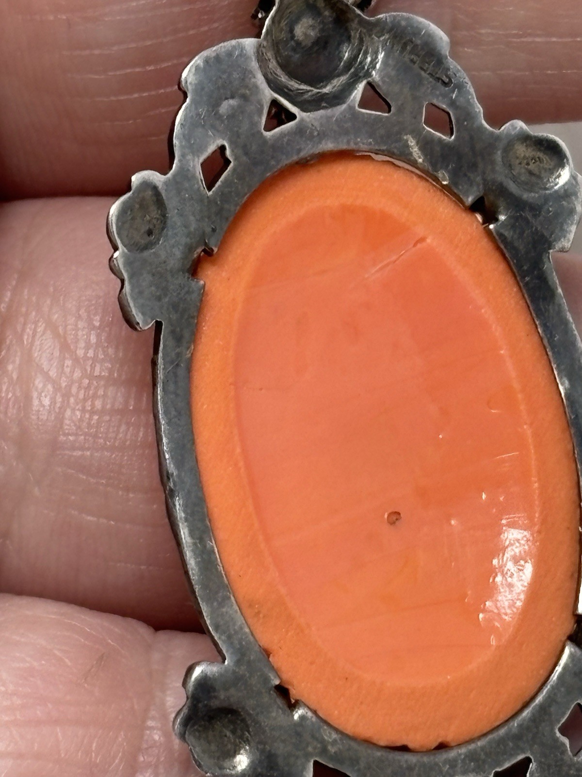 Art Deco Molded Glass Coral Marcasite Pendant Flower Design