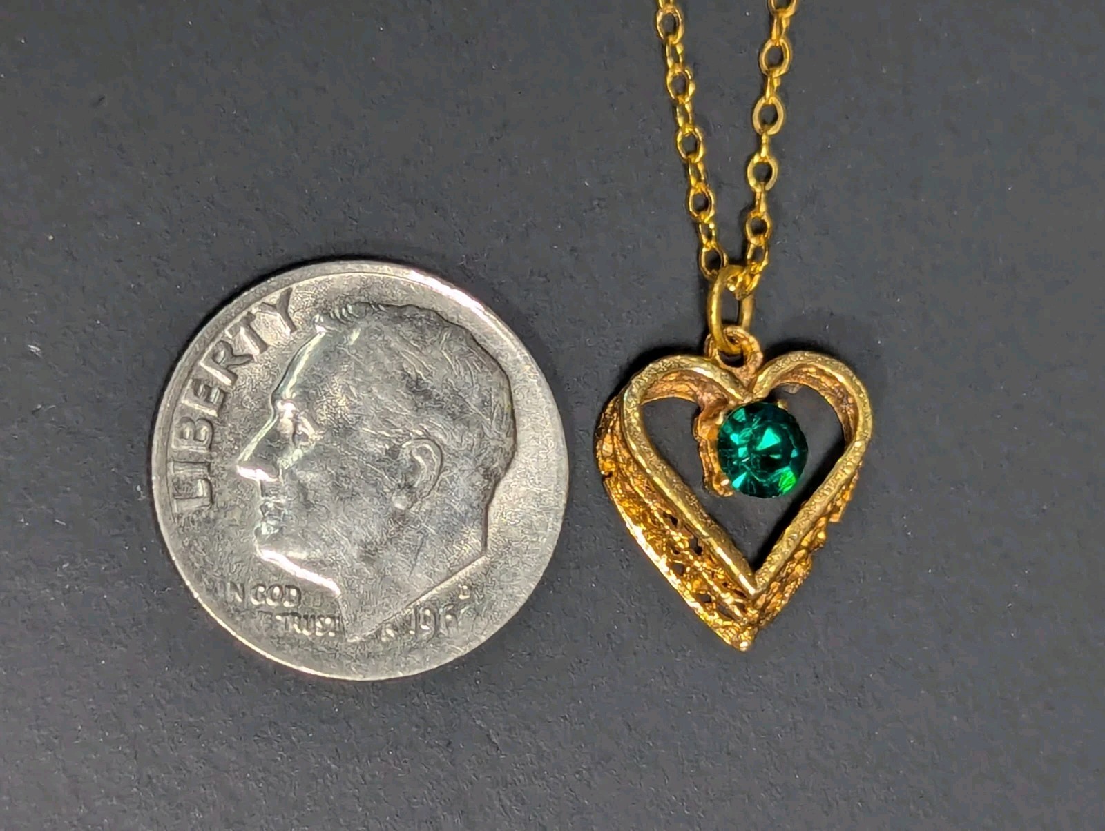 Vintage Gold Filled Chain Necklace 16″ Emerald Filigree Heart Pendant May