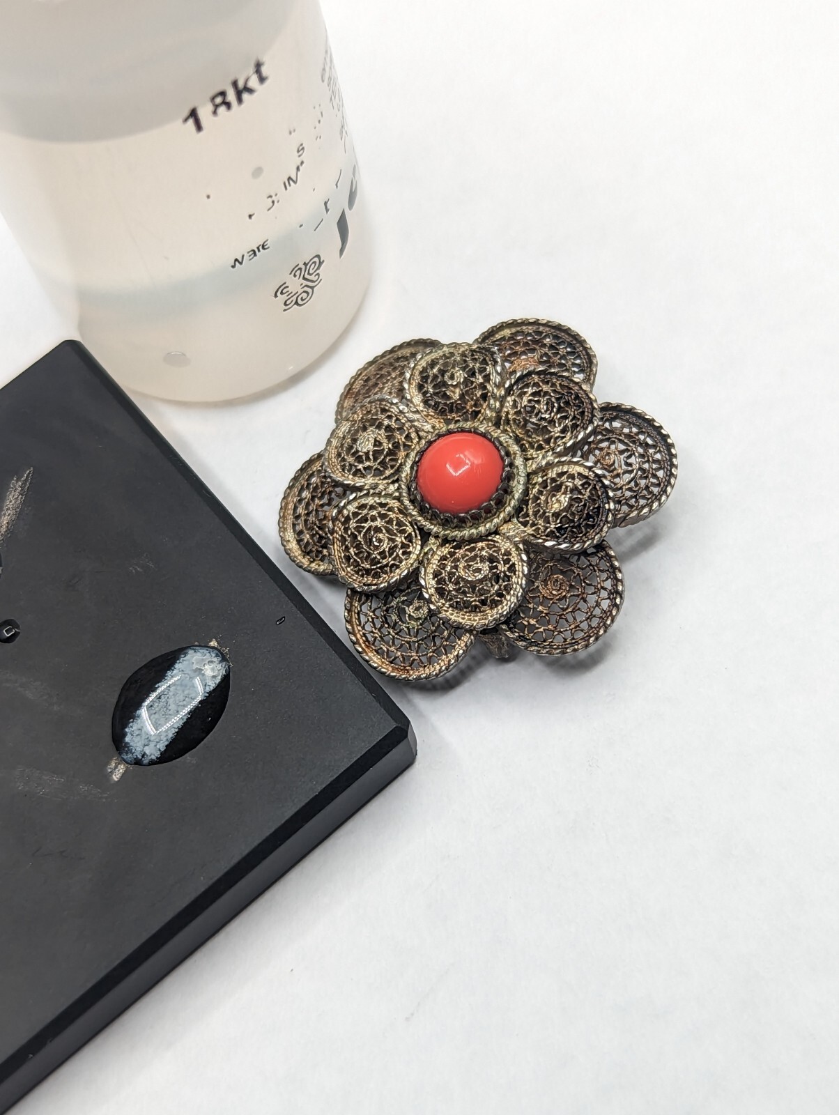 Vtg Sterling Silver Cannetille Filigree Flower Red Brooch Pin Pendant C-Clasp