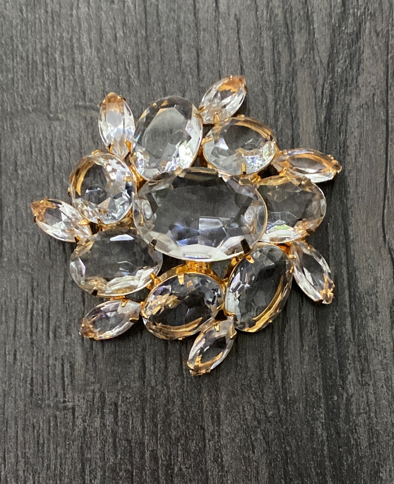 VTG Large Clear Rhinestone Cluster Brooch Gold Tone Domed Prong Set Mid Century