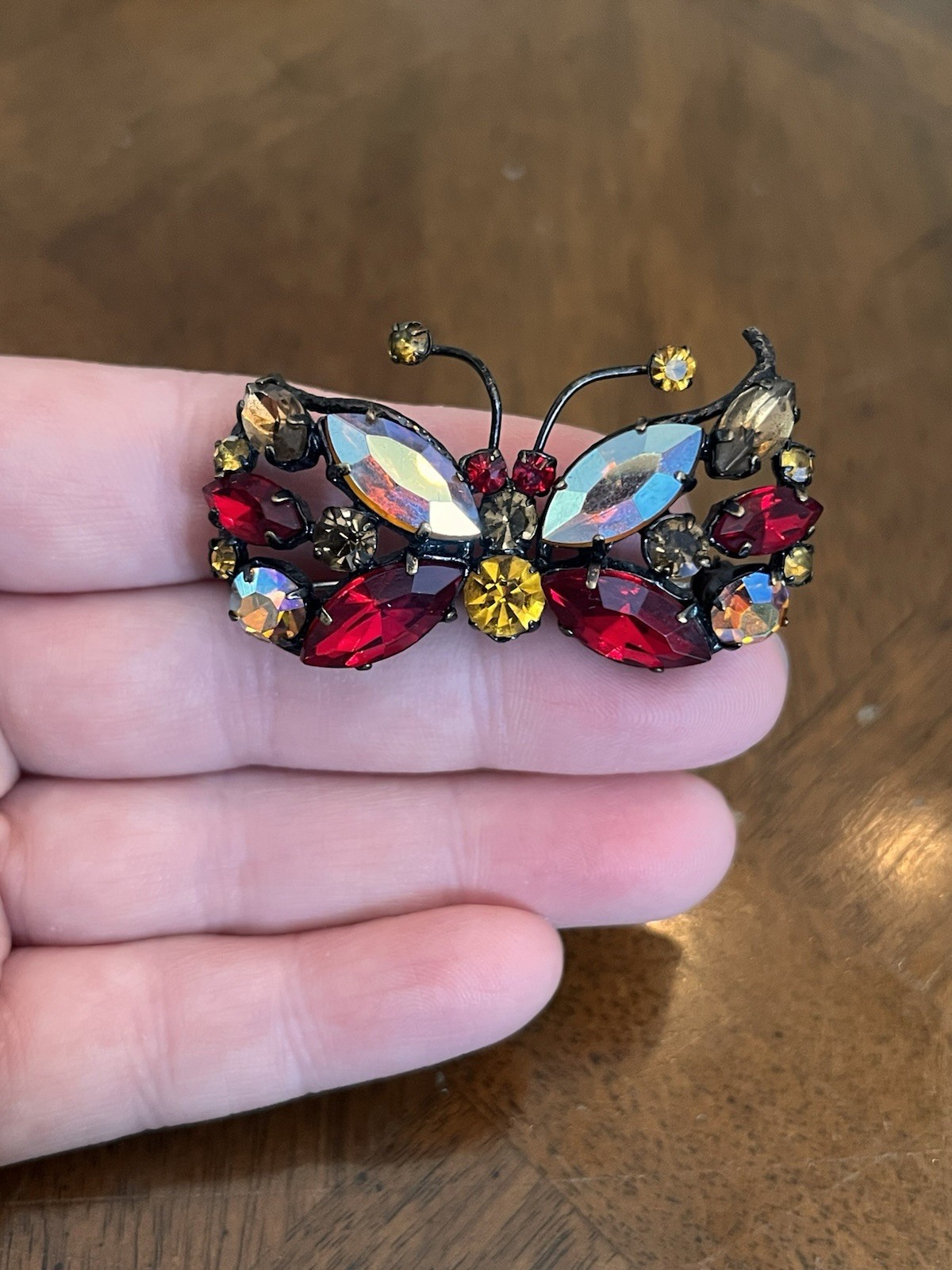 Vintage Mid-Century Red & Yellow & AB Rhinestone Butterfly Brooch Japanned Metal