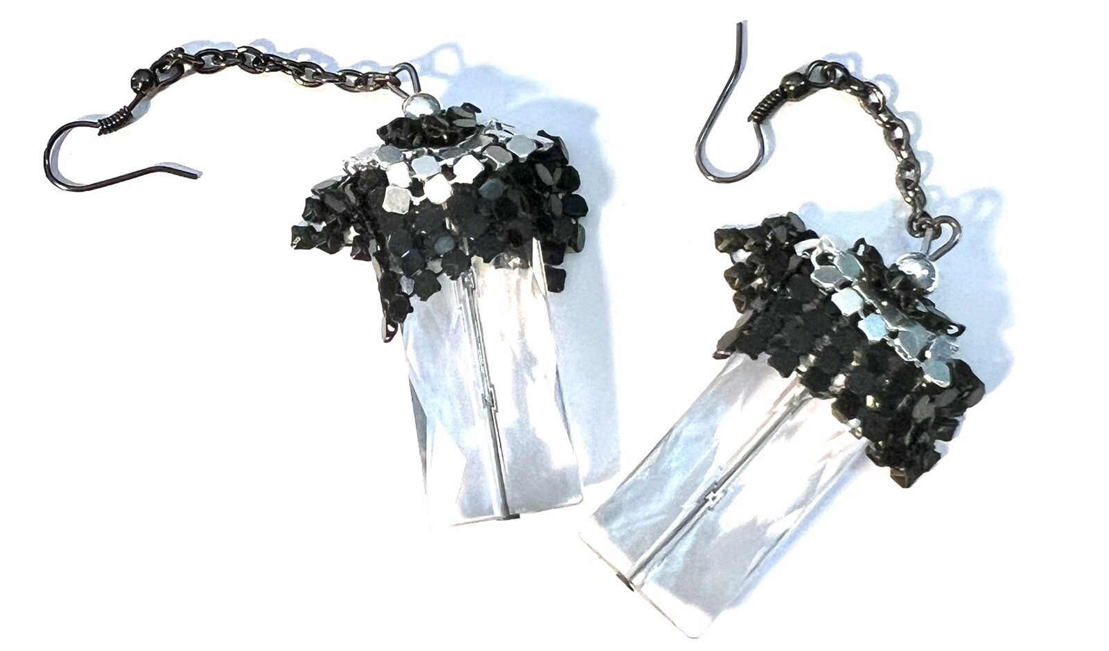 Vintage Retro Dangle Black And Silver Tone Metal Chain And Crystal Hook Earrings