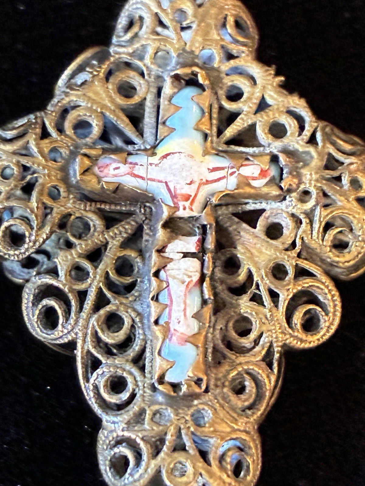 Antique Bavarian Crucifix Cross in Filigree Pendant