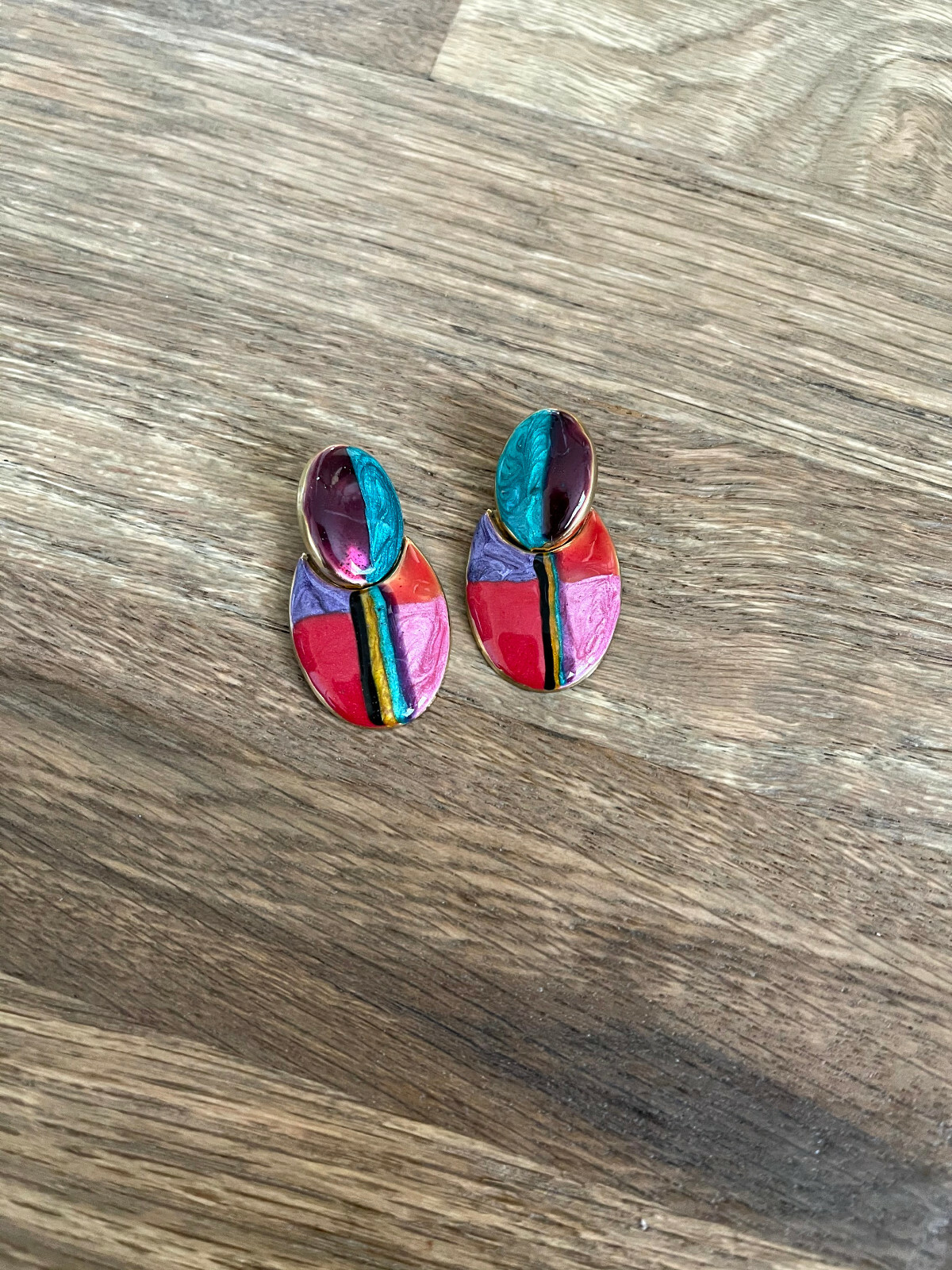 Vintage Dangle Piereced Ear Gold Retro Earrings Metallic Paint Mod 60s 80s