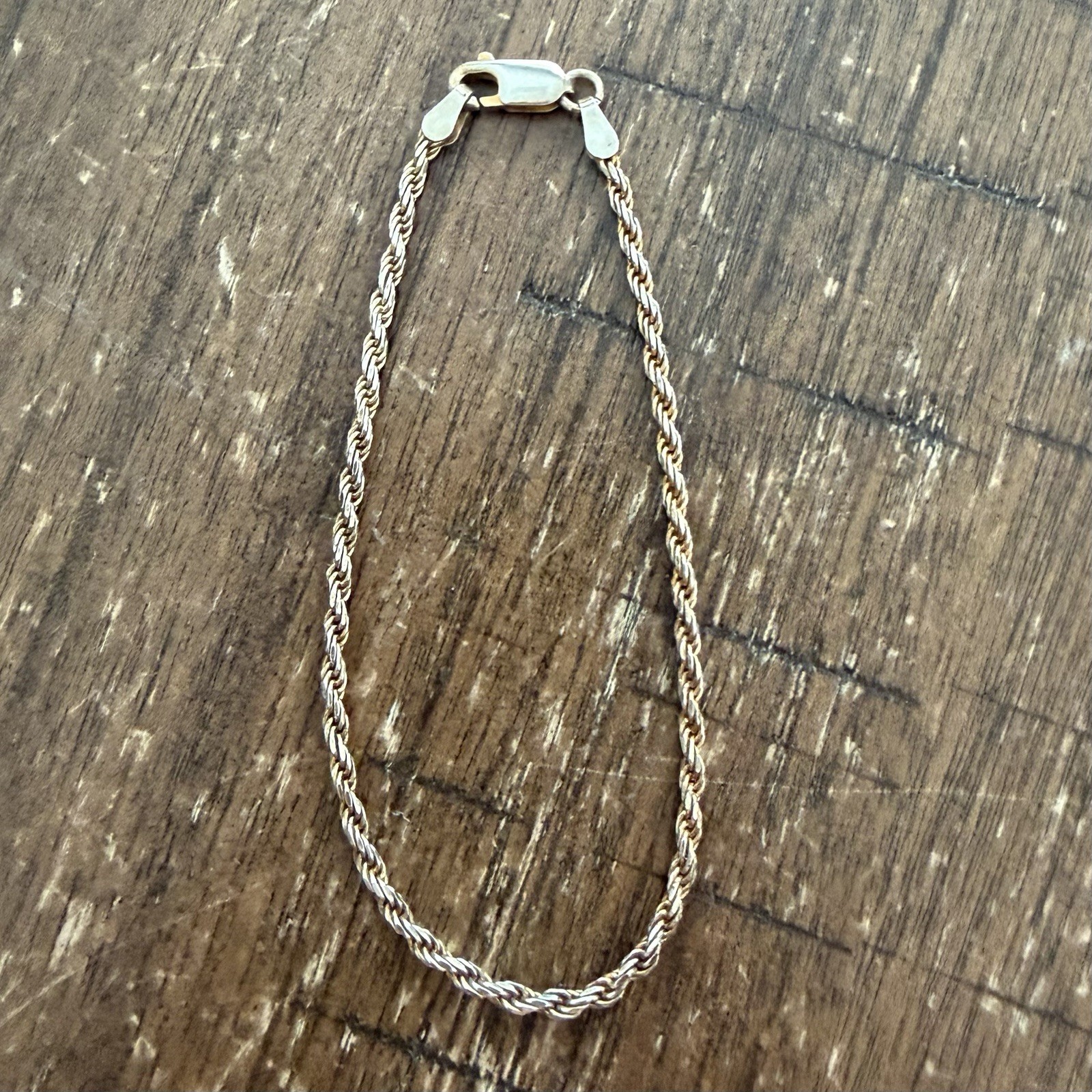 Vtg Sterling Silver Gold-tone Rope Chain Bracelet 7.25” Lobster Claw Clasp VGC