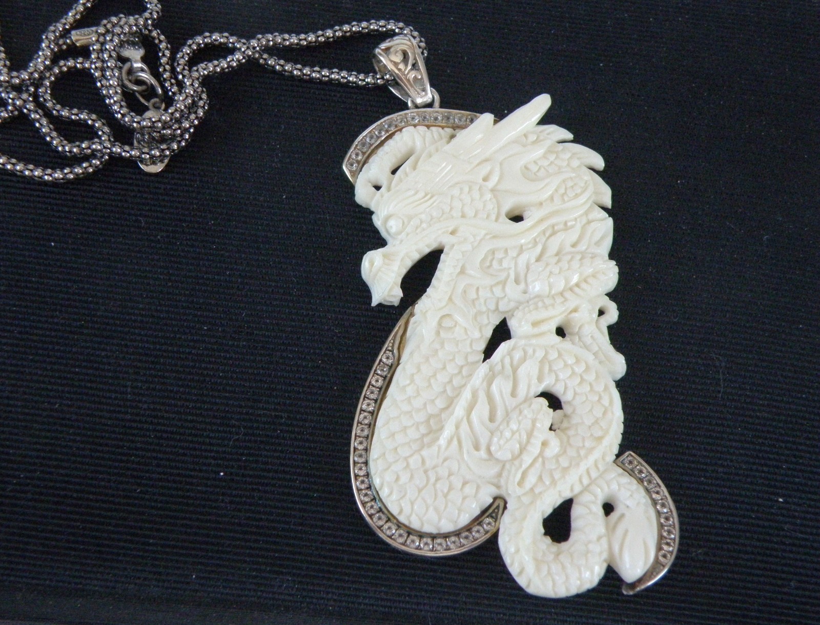 Huge Samuel B Carved CZ Dragon Statement Pendant Popcorn Mesh Necklace
