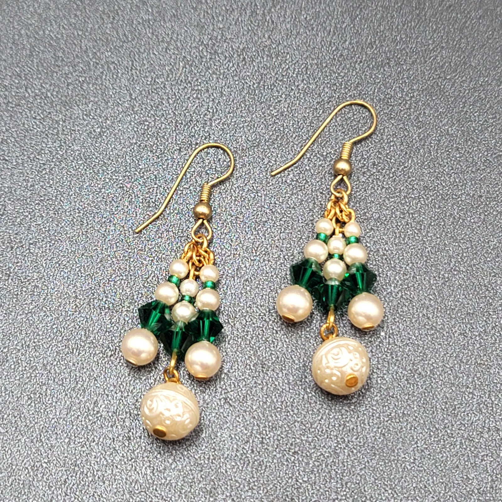 Vintage Pierced Earrings Faux Pearl Green Crystal Beads Dangle 1.5″