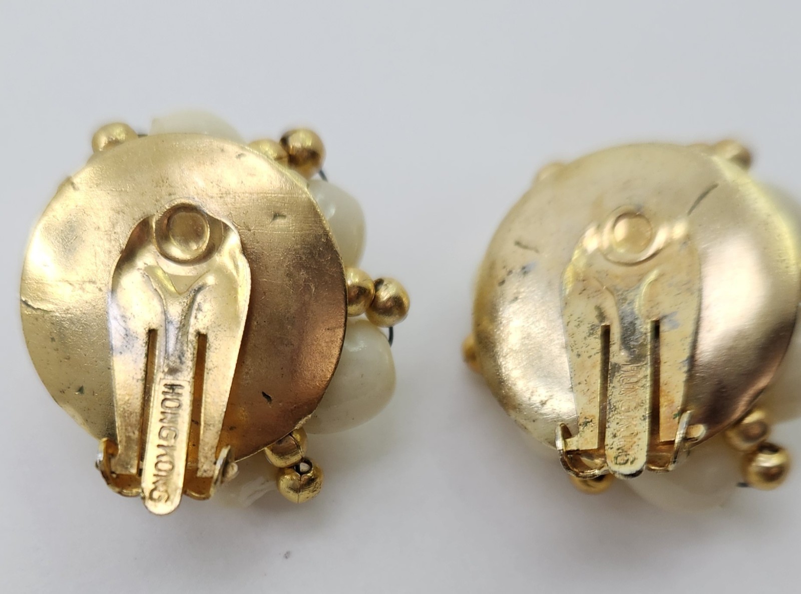 3 Strand Ivory and Gold Acrylic Bead Necklace Clip Earrings Set 1950s Hong Kong