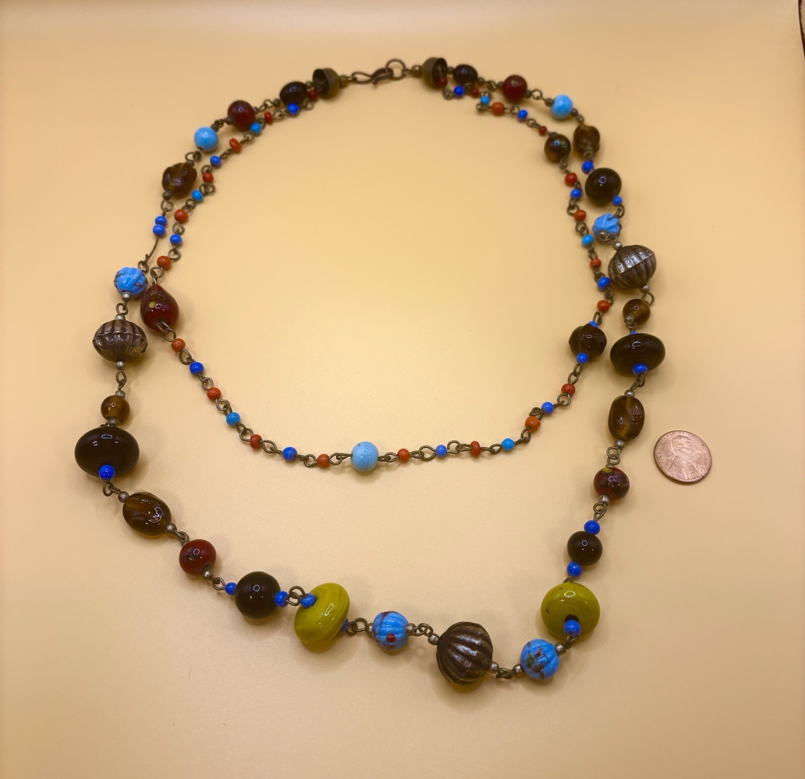 Czech Style Art Glass Necklace Double Strand Boho Lampwork Beaded Blue Yellow