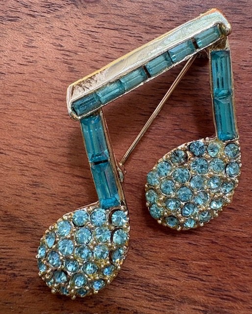 Vintage Blue Baguette Rhinestone Musical Half-Notes Pin / Brooch