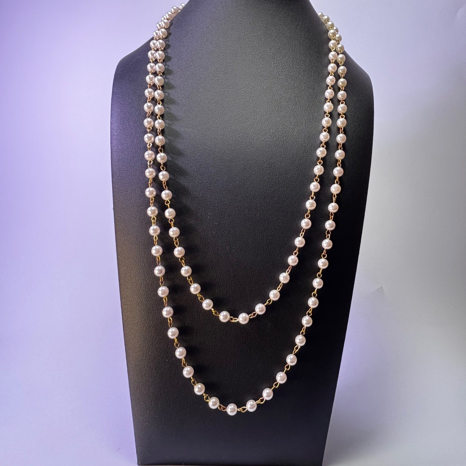Vintage Necklace Gold Tone Double Strand Faux Pearl Gorgeous Rhinstone Clasp