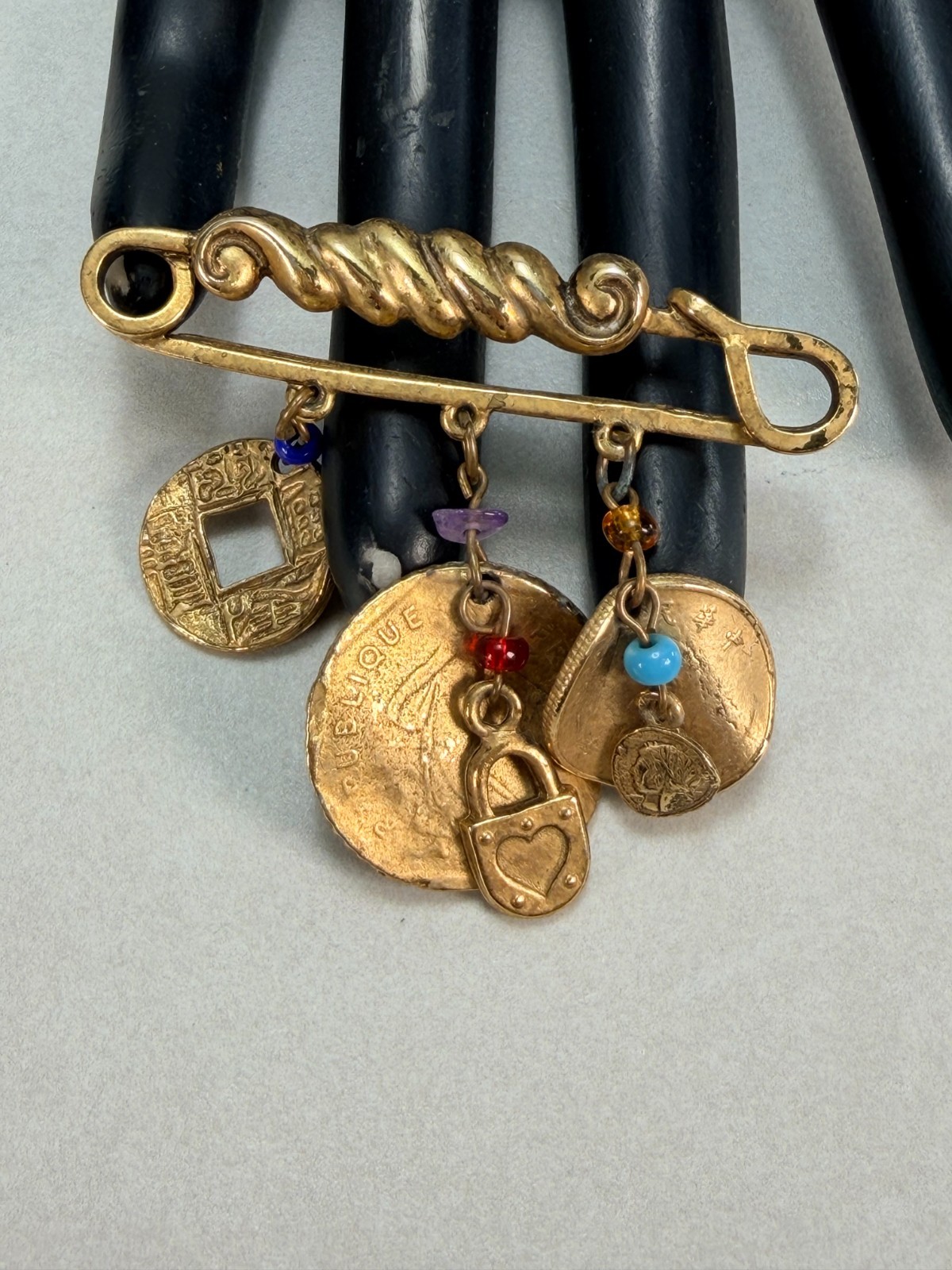 Vintage Brooch Pin Dangling Gemstone Crystal Coins