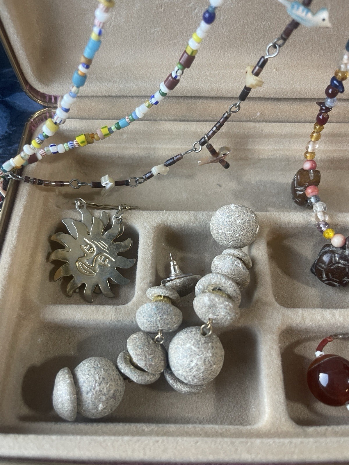 Vintage Bohemian Jewelry Lot Fetish Carved Bird Necklace Beads Sun Turtles