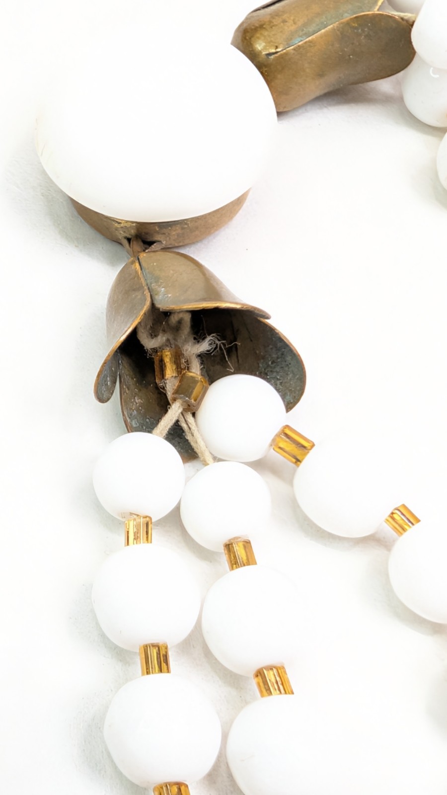 1950s Milk Glass Necklace Triple Strand With Brass Tulip Caps Glass Clasp 16.5in