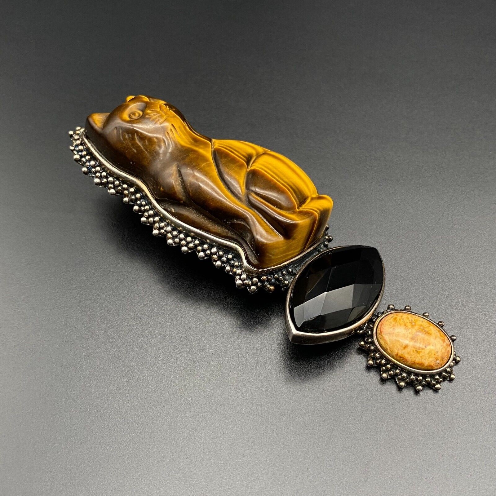 Huge AKR Amy Kahn Russell Cat Tiger Eye Sterling Silver Pendant Pin Brooch