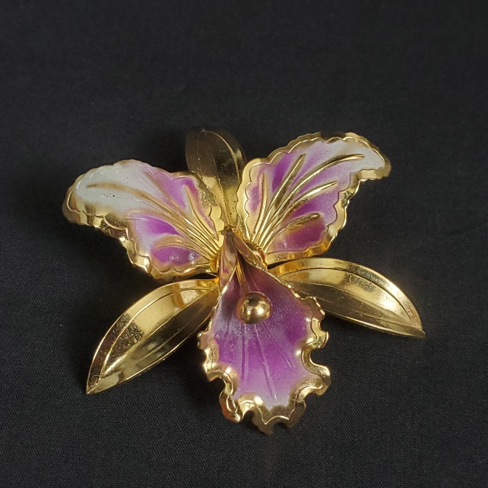 Flower Orchid White Purple Enamel Vintage Gold Brooch Statement Pin Large