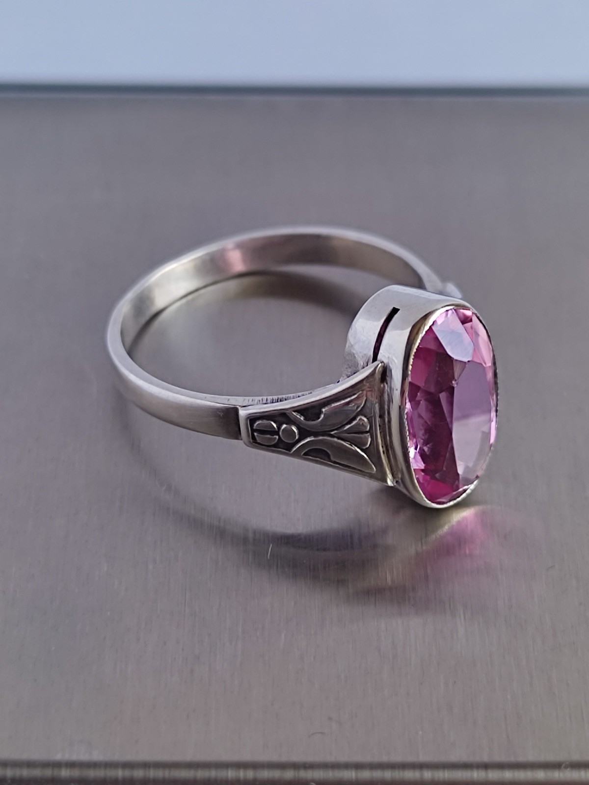Vintage 70s Soviet Union Silver 875 USSR Ring Pink Sapphire Size US 7.5/ 17.5 mm