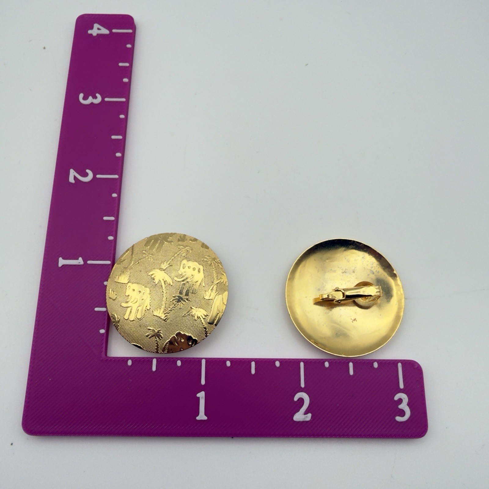 Vintage Gold Tone Elephant Palm Tree Disc Clip On Earrings Safari Bold