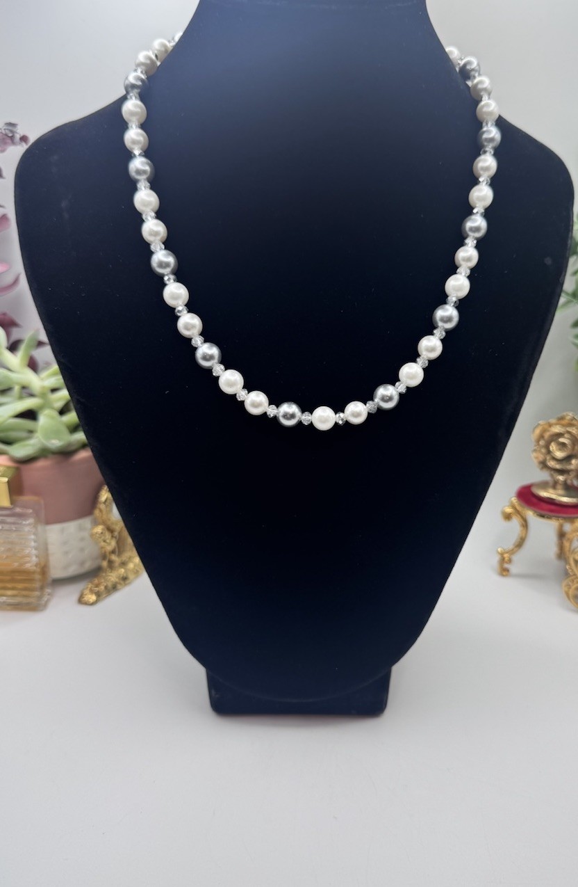 Vintage Elegant Gray and White Faux Pearl And. Crystals Necklace 16”- 18” Long
