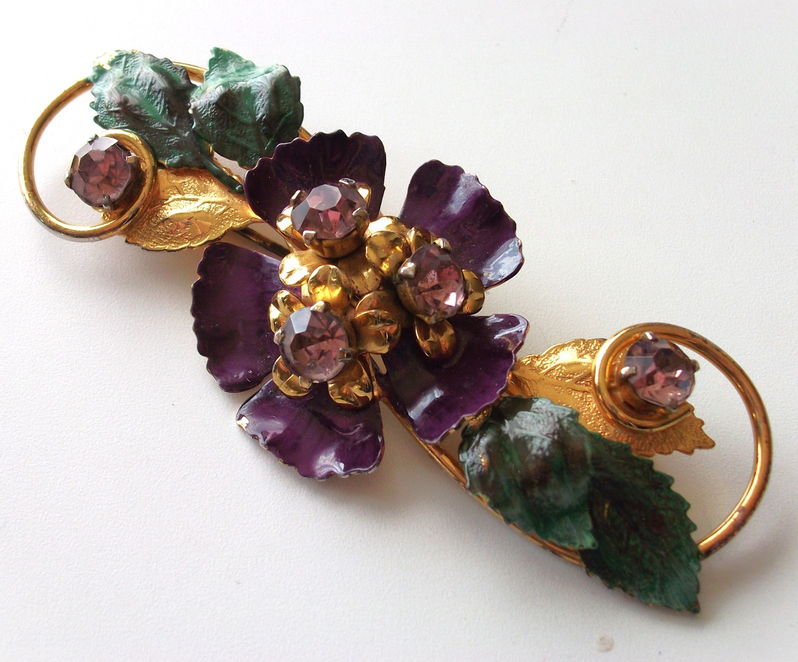 Lg.Sterling silver,Gold tone,enamel,vintage brooch,flower,purple,crystals,