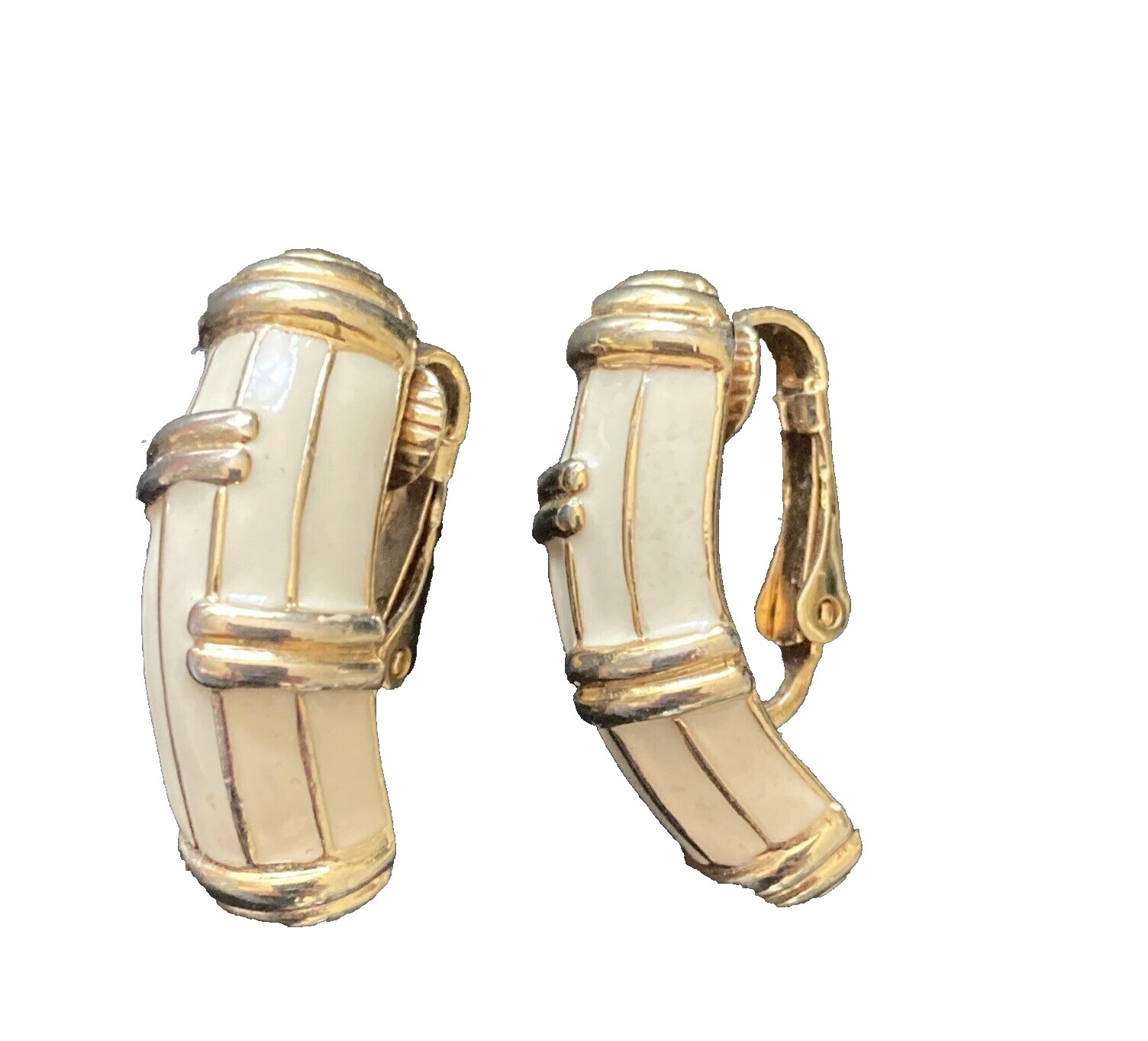 Vintage Ivory Cream and Gold Tone Enamel Clip On Earrings