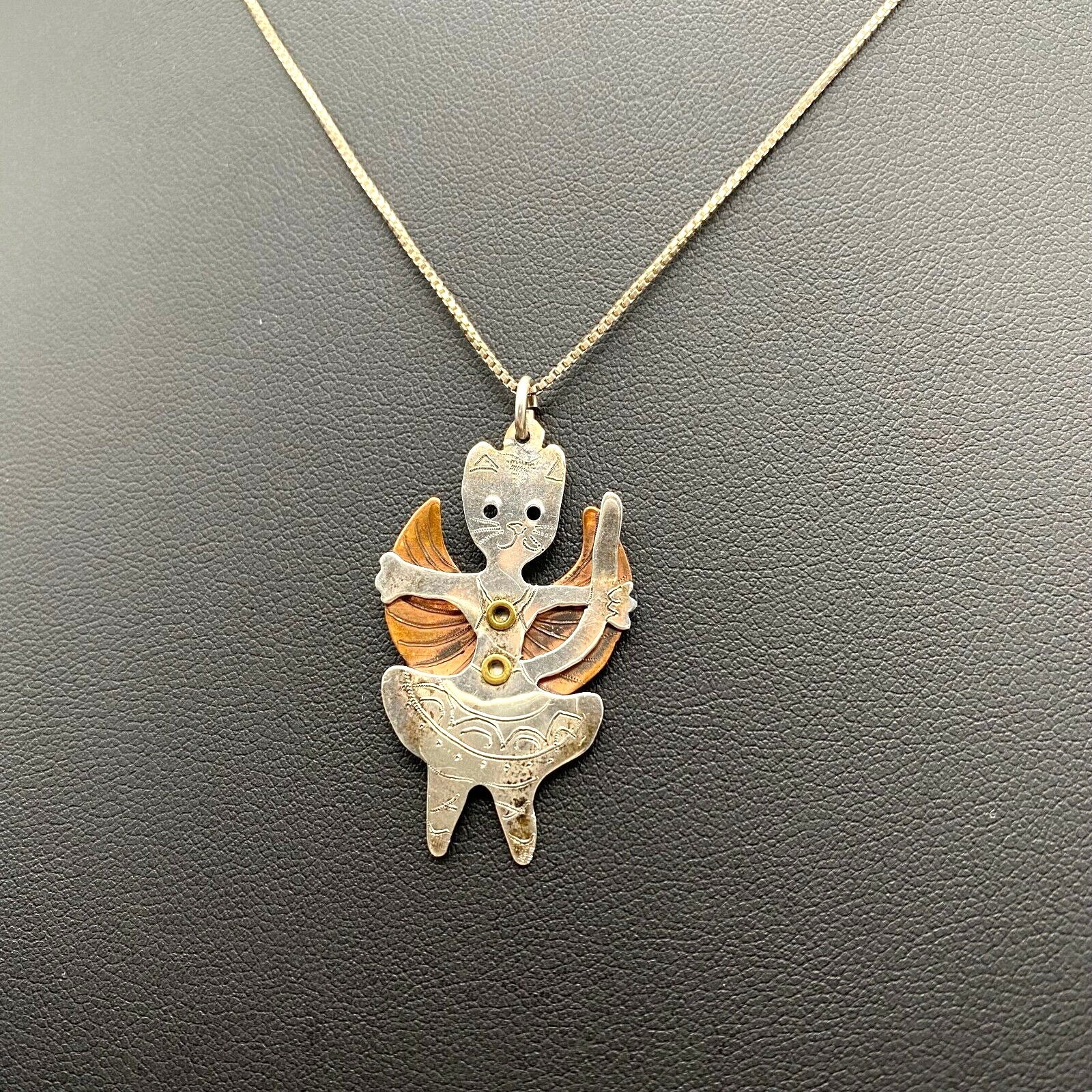 Vintage Dancing Cat Ballet Mixed Metal Sterling Silver Copper Wing Pendant