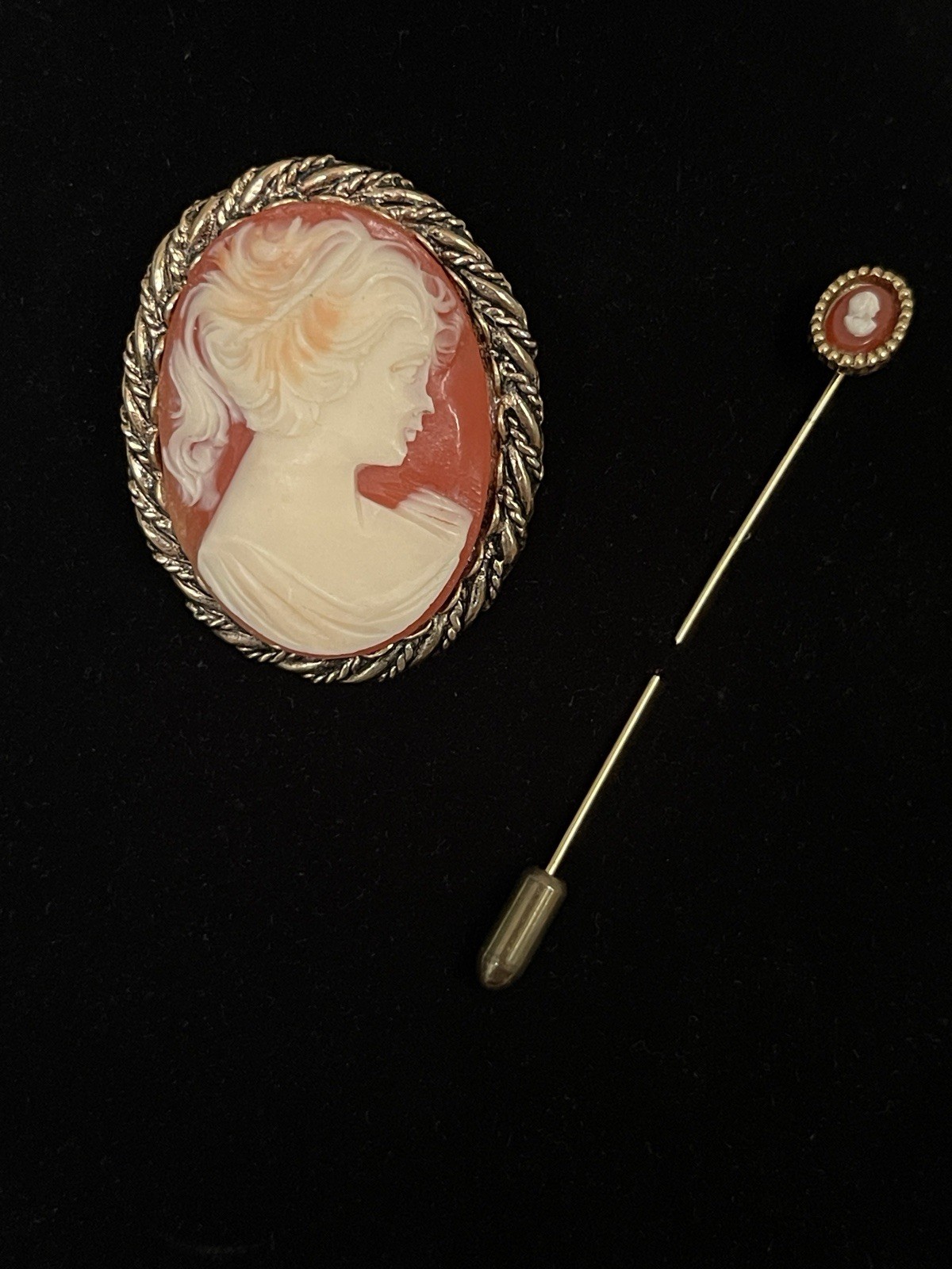 Vintage Gold Tone Orange & Cream Cameo Brooch & Cameo Stick Pin