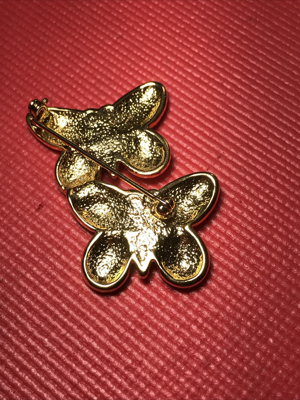 Vintage Pink and Green Brushed Double Butterfly Brooch Pin Gold Tone