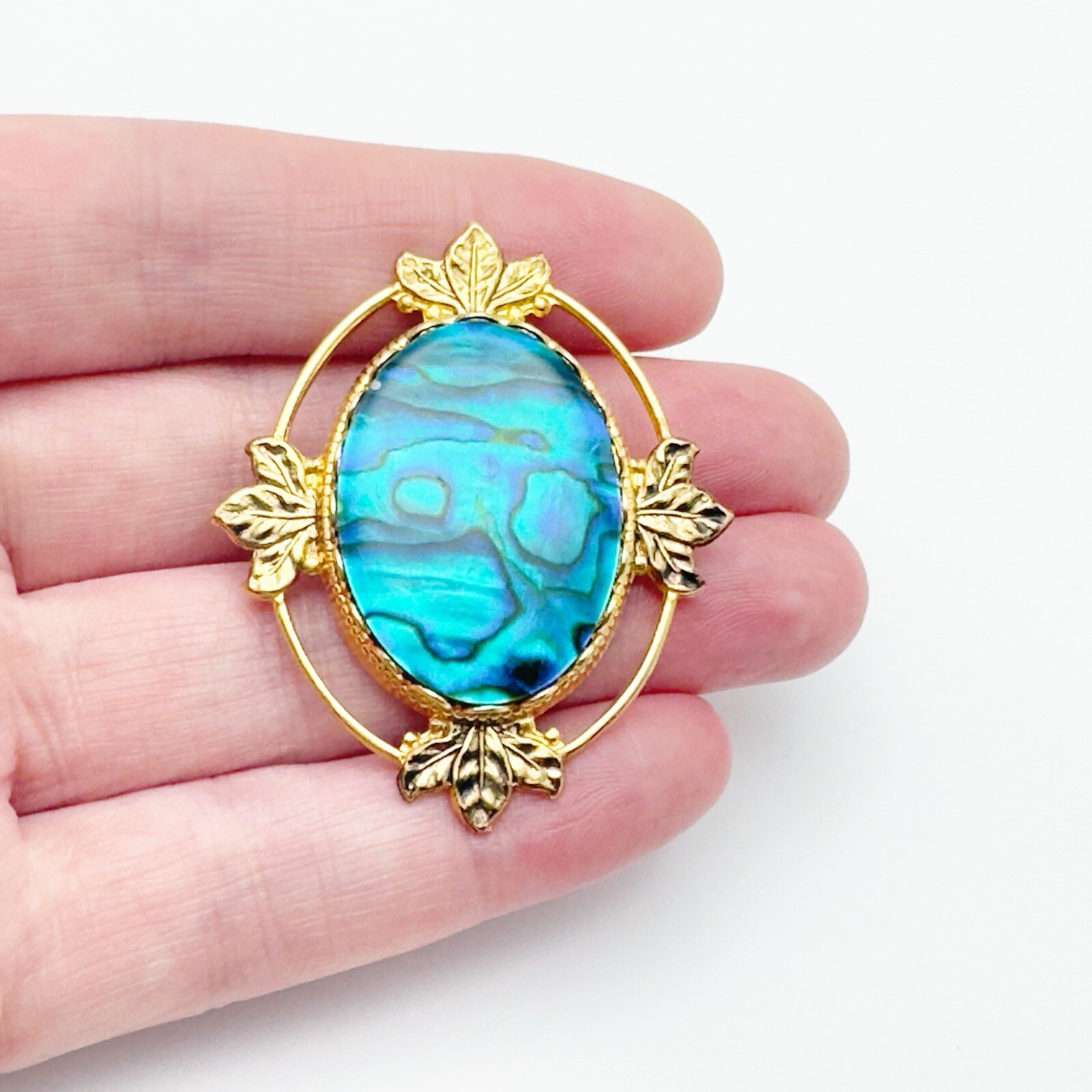 Vintage Abalone Paua Shell Brooch Gold Tone Blue Green 1970s Retro Iridescent 2″