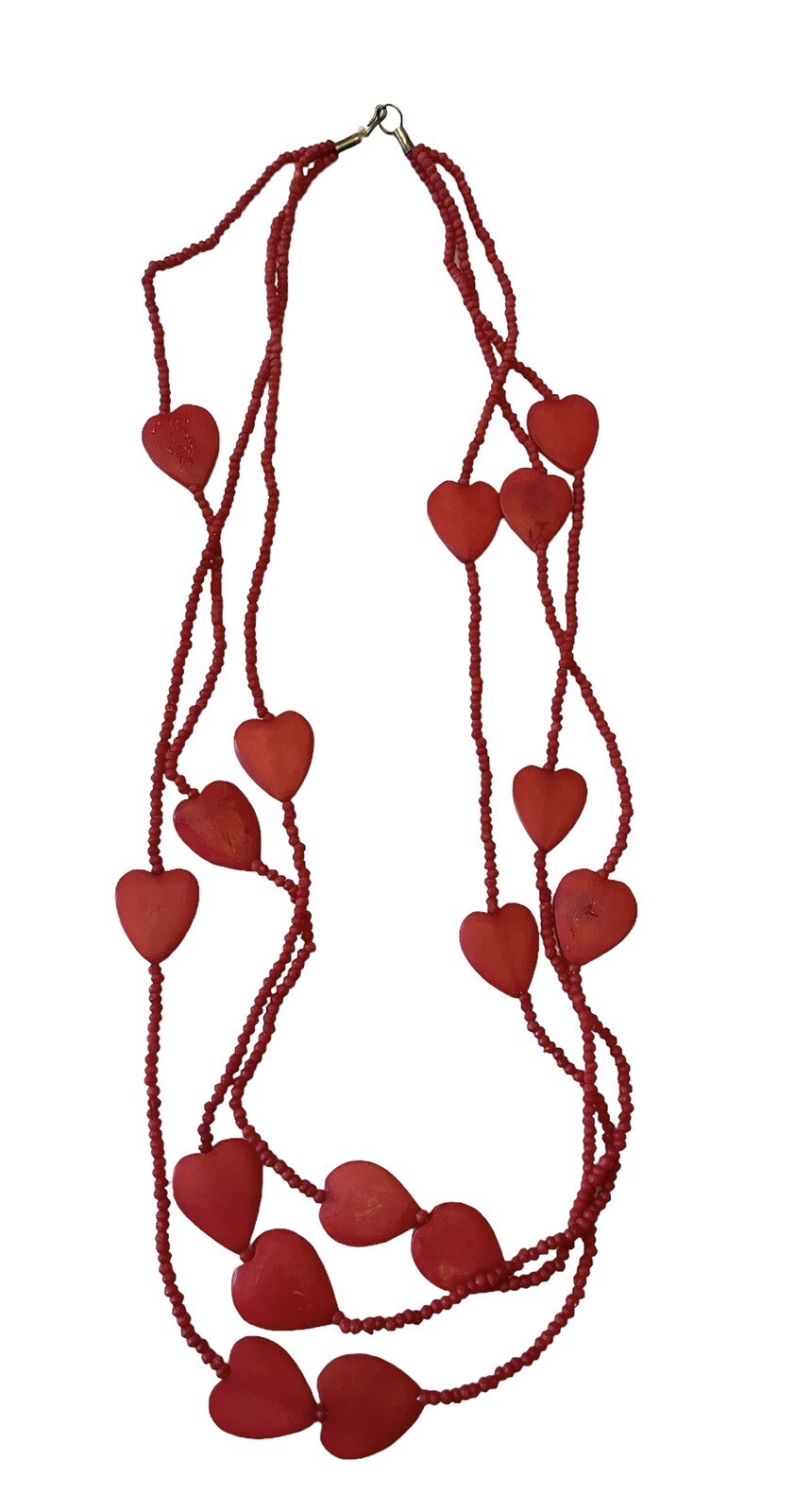 Vintage Hearts Red Beads Choker 33” Triple Strand Necklace
