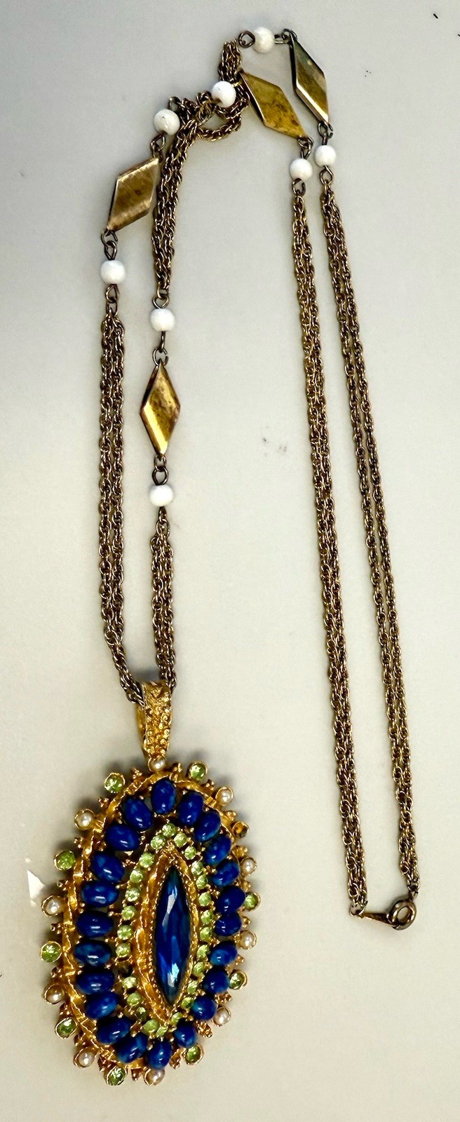 Vintage Gold Tone Pendant Necklace Signed Korea Blue Art Glass Regency Style
