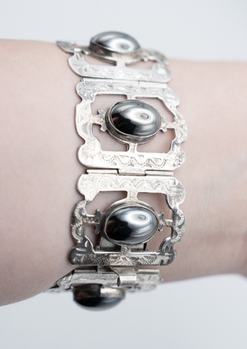 Vintage Mexican Sterling Silver Hematite Panel Link Statement Bracelet 925 53 gr