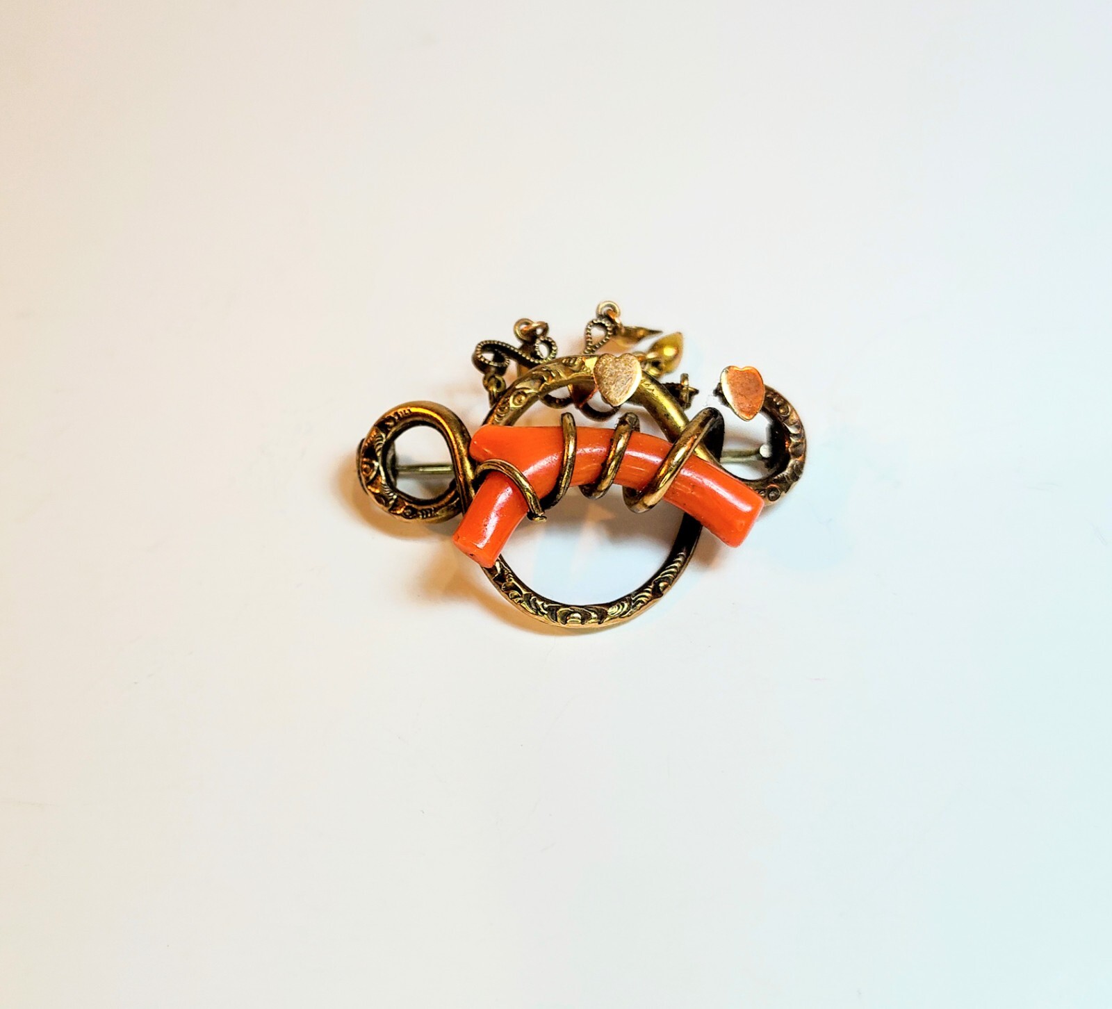 Antique 1800’s Victorian Gold Filled Red Coral Double Heart Love Knot Brooch/Pin
