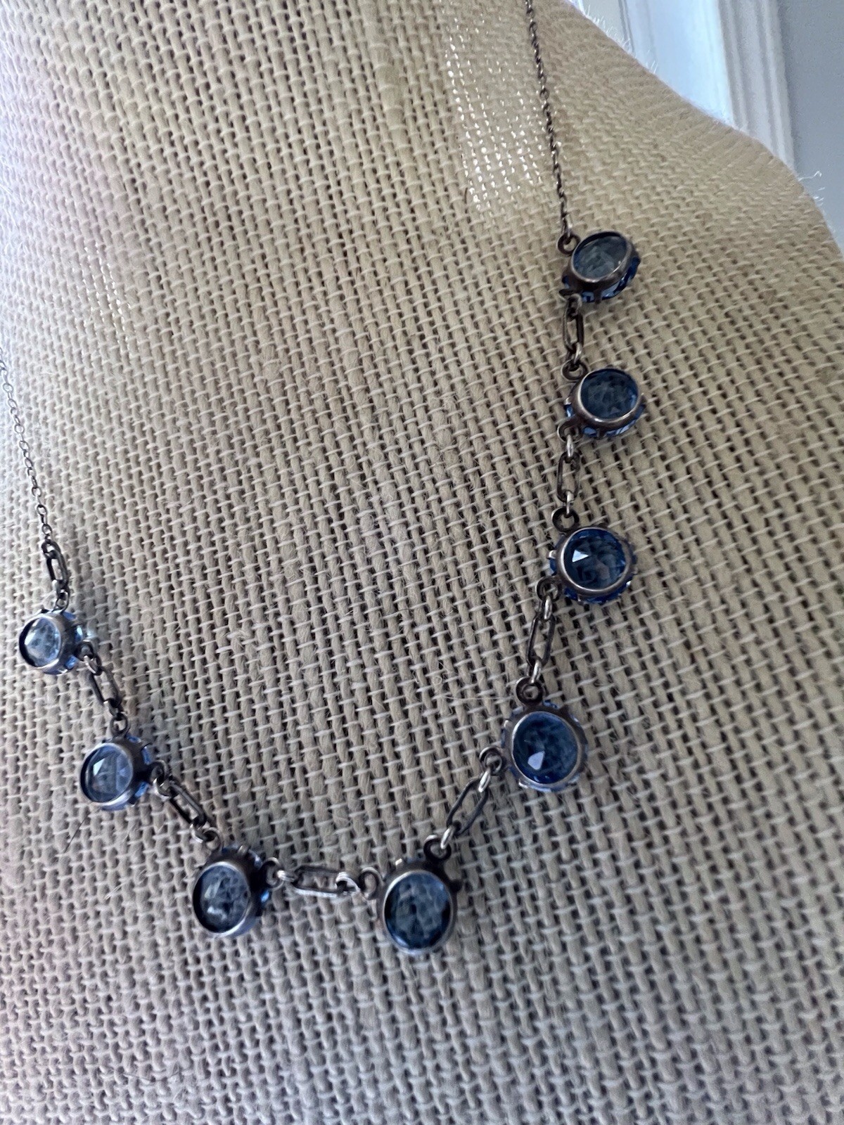 Antique Art Deco Sterling Silver Bezel Set Blue Crystal Necklace 17 Inches