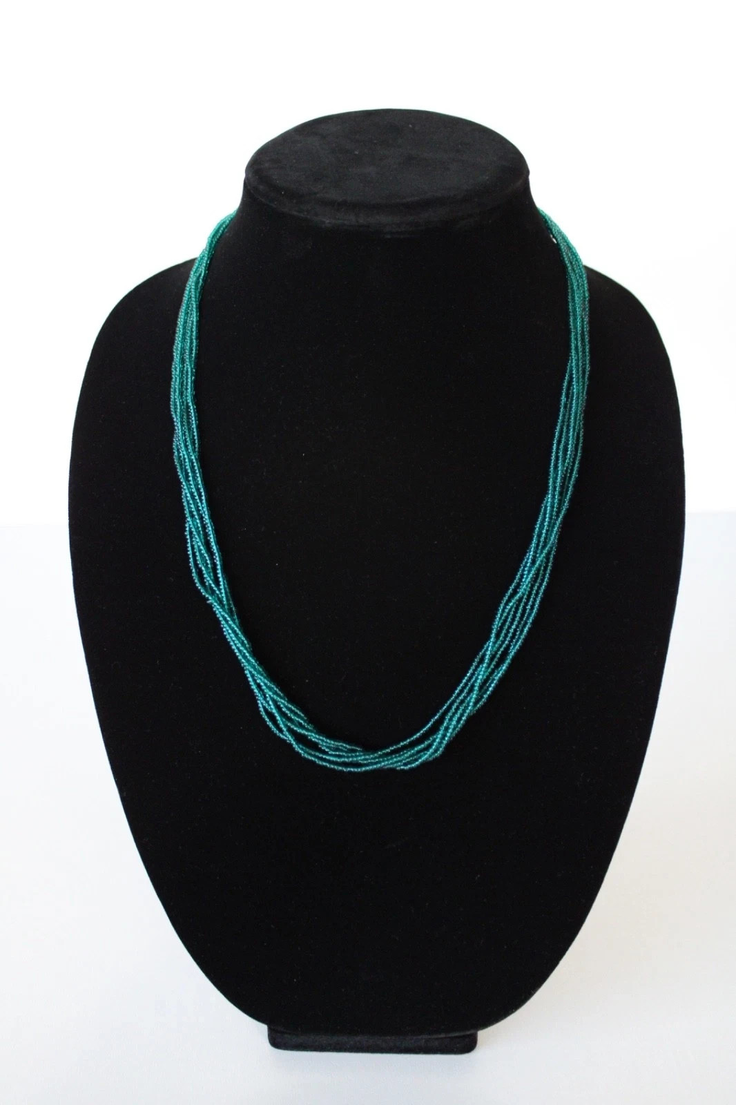 Beaded Necklace Dark Blue Green 23″ 23 in 6 Strand Small Tiny Seed Bead Handmade