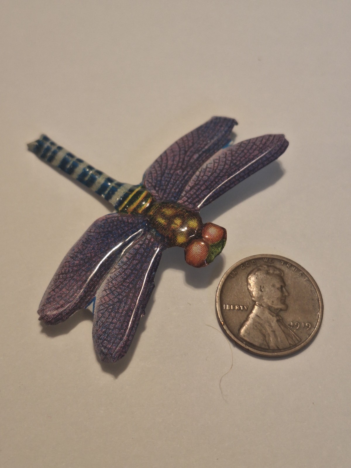 Vintage Tin Litho Bug Purple Dragonfly Brooch Pin Japan