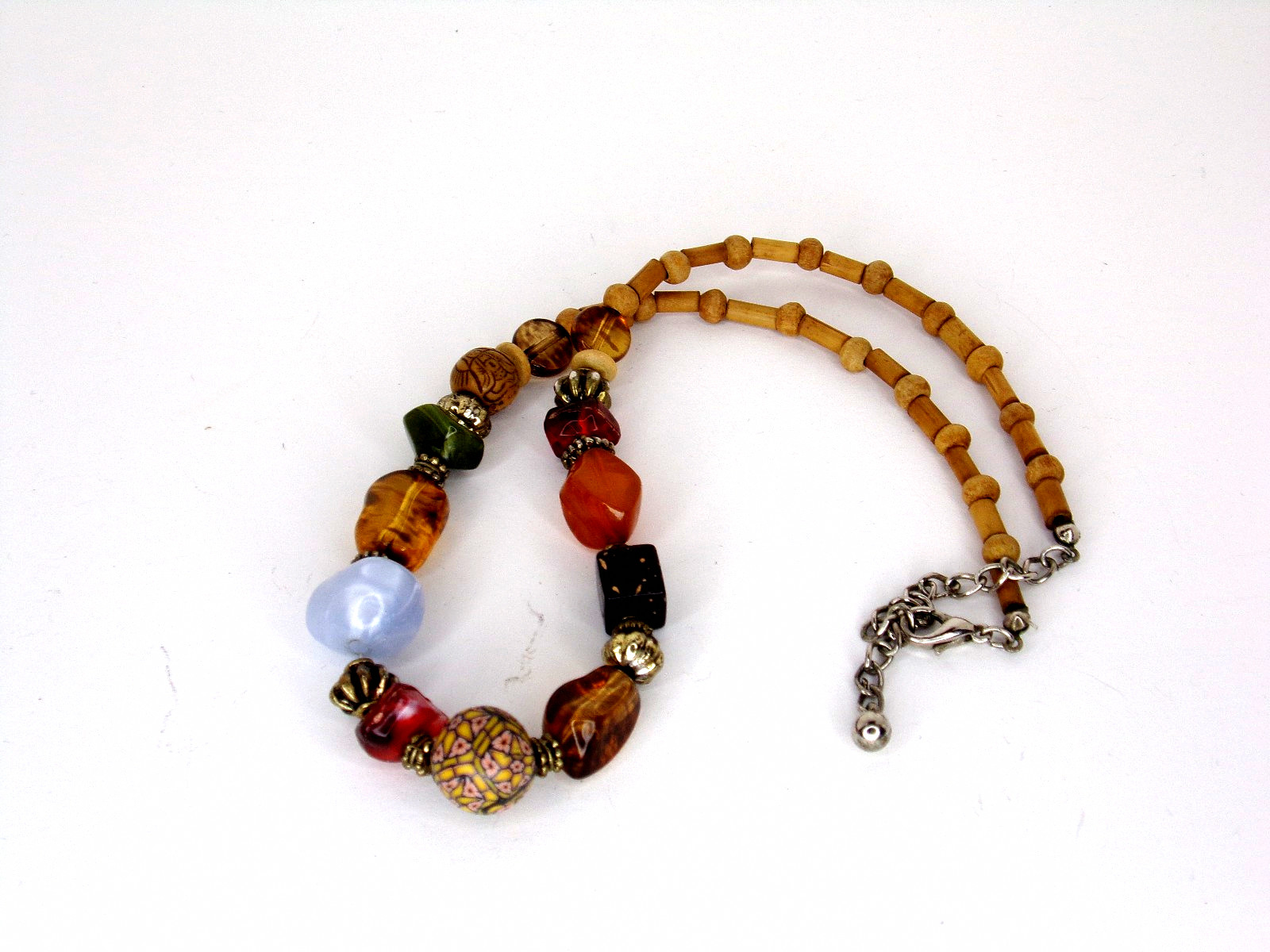 Artisan Beaded Necklace – Handcrafted with Wood, Glass, Resin & Metal Accents