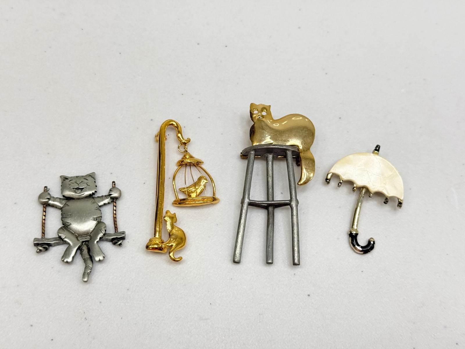Vintage Brooch Lot Cat Theme Whimsical Gold, Silver Tone One w FlAW, JJs, READ