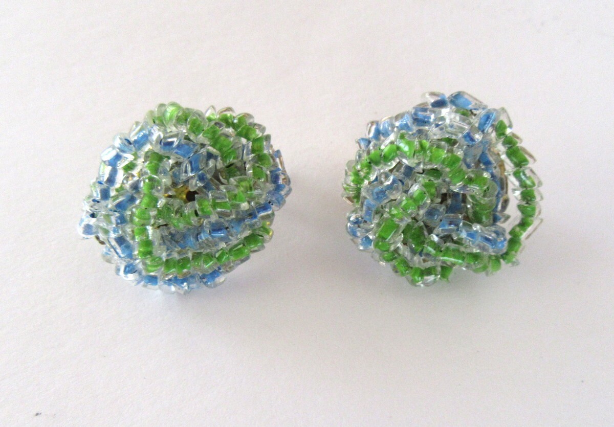 Vintage Blue & green beaded necklace & clip on cluster earrings set – Japan MCM