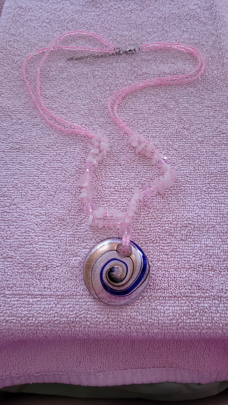 Quartz Chip Necklace w Large Swirl Glass Focal & Sead Beads