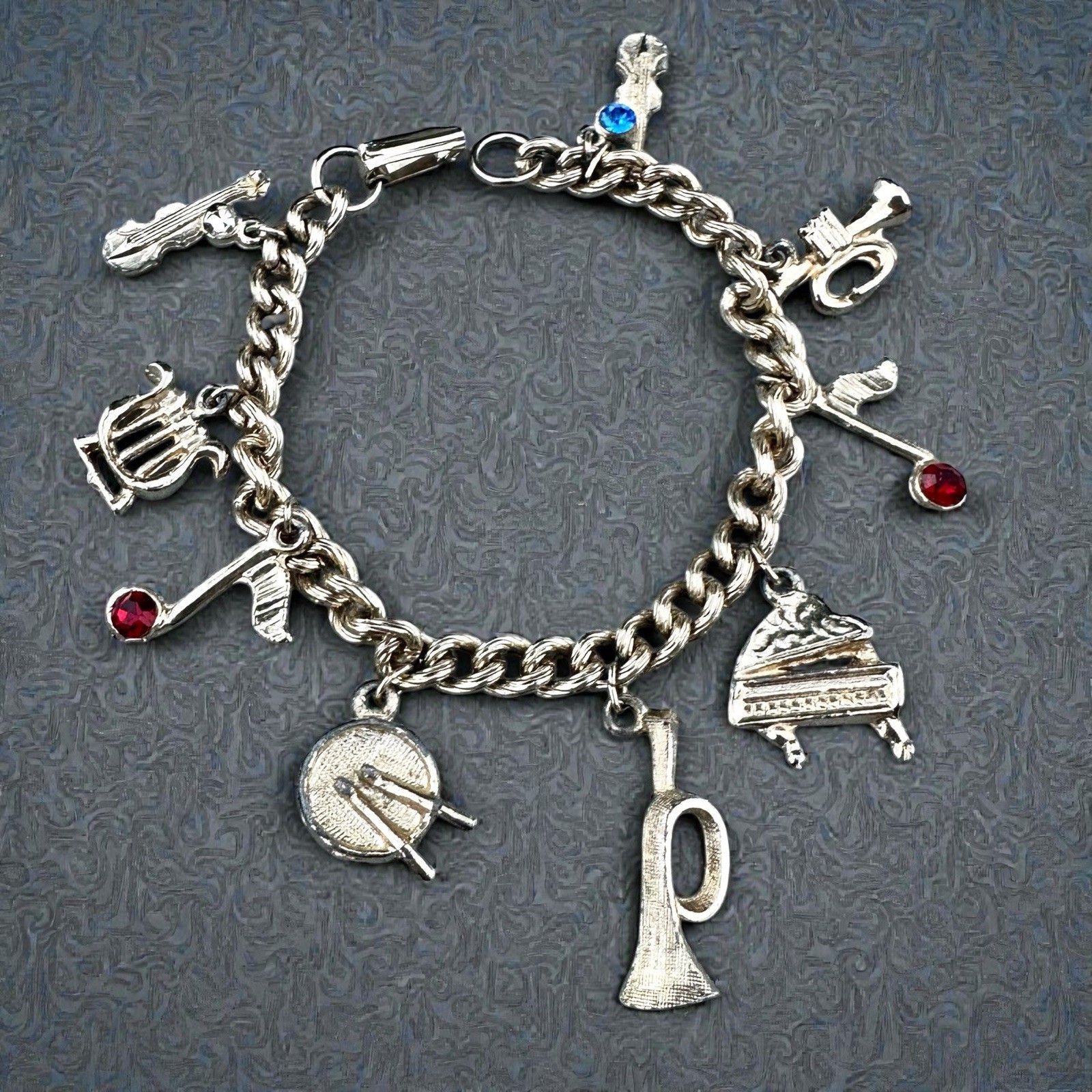 Vintage Musical Instruments Charm Bracelet Gold Tone Rhinestone Notes Chain