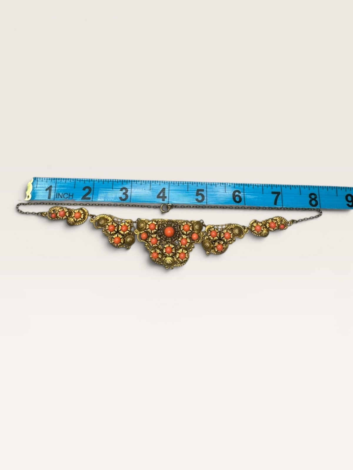 Brass Filigree Bib Festoon Necklace Coral Orange Glass Beads Art Deco