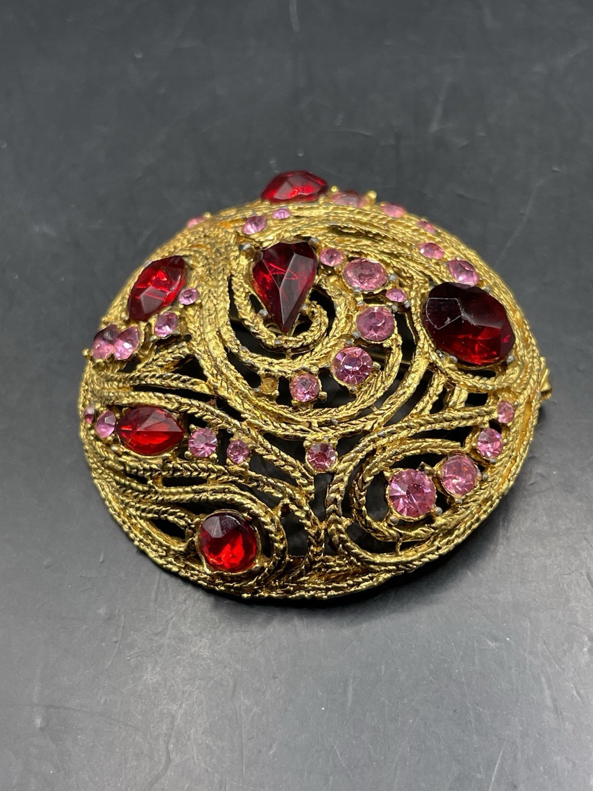 Vintage La Roco Domed Braided Filigree Austrian Crystal Brooch