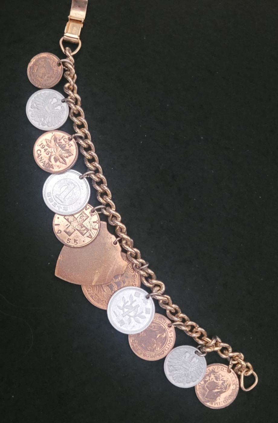10 1930’s-1950’s Coins World Travel 6” Bracelet Can, Pak, Aut, Zaf, Jpn and Che