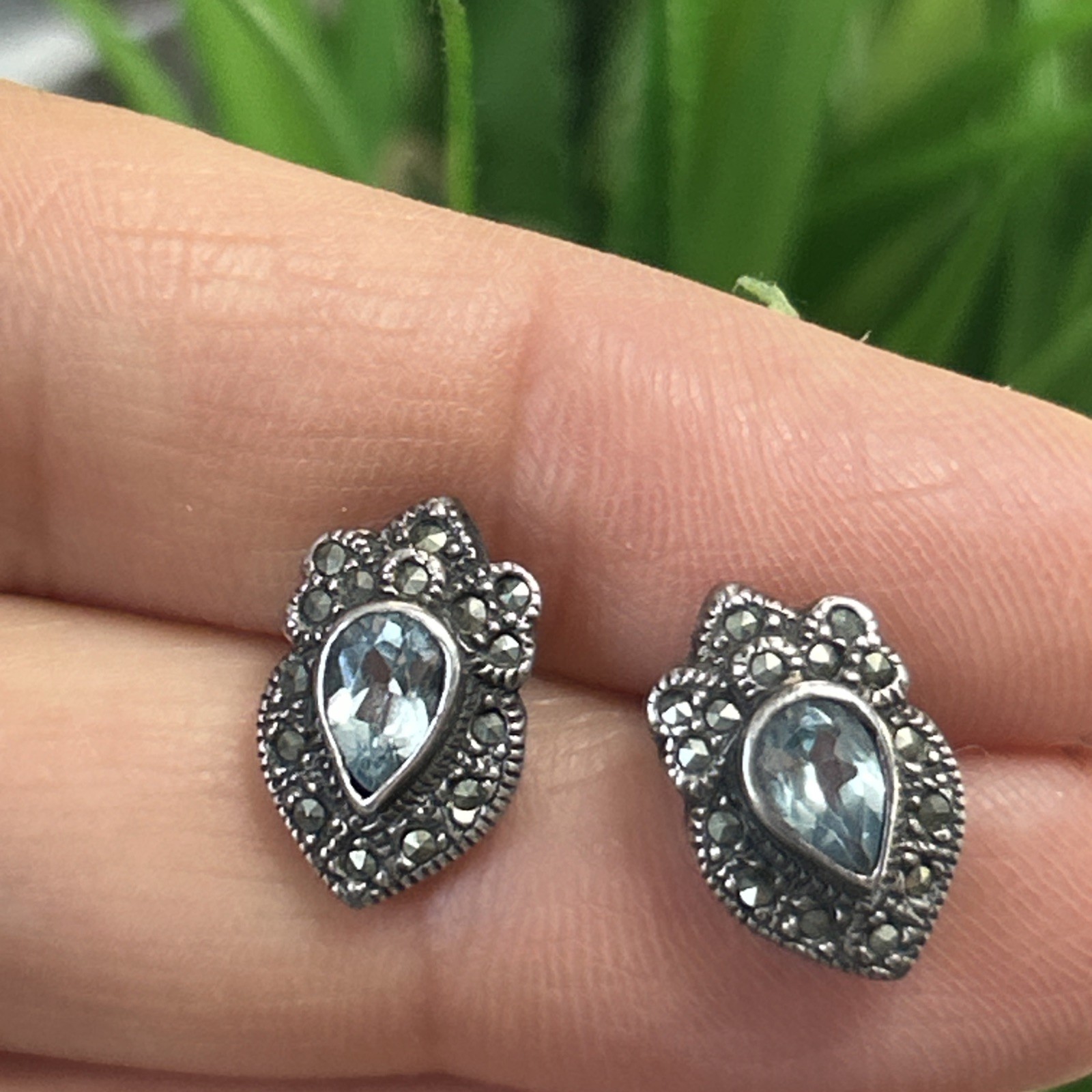 VTG CW Sterling Silver Marcasite Blue Topaz Stud Earrings 1/2” 3g