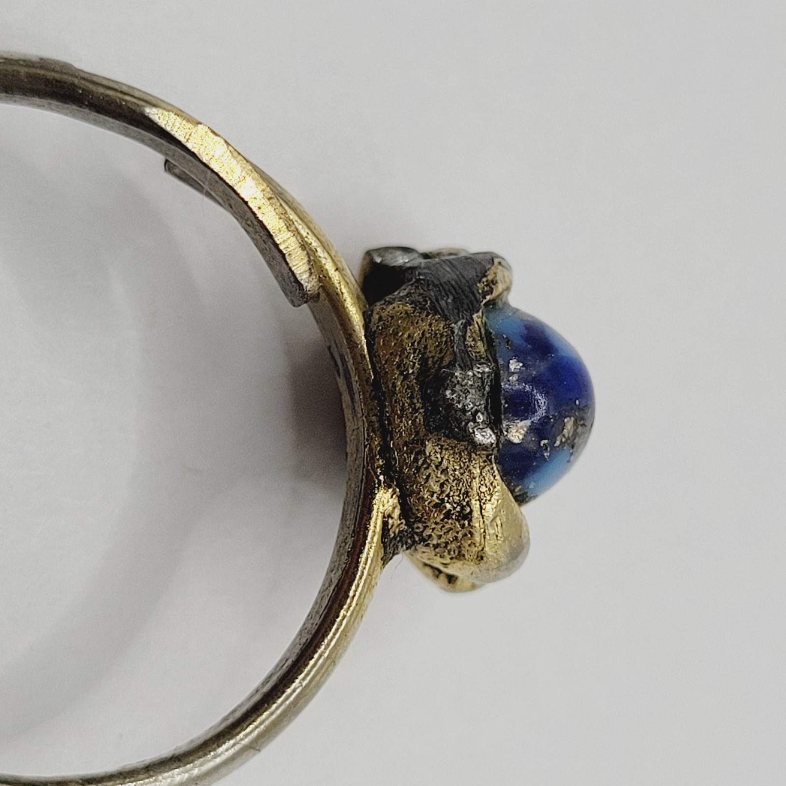 Antique Lapis Lazuli Small Domed Stone w Specks Ring Adjustable Worn Distressed