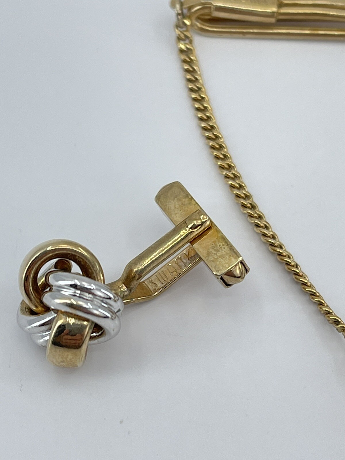 Swank cufflinks and tie clip set gold and silver tone knot bullet back