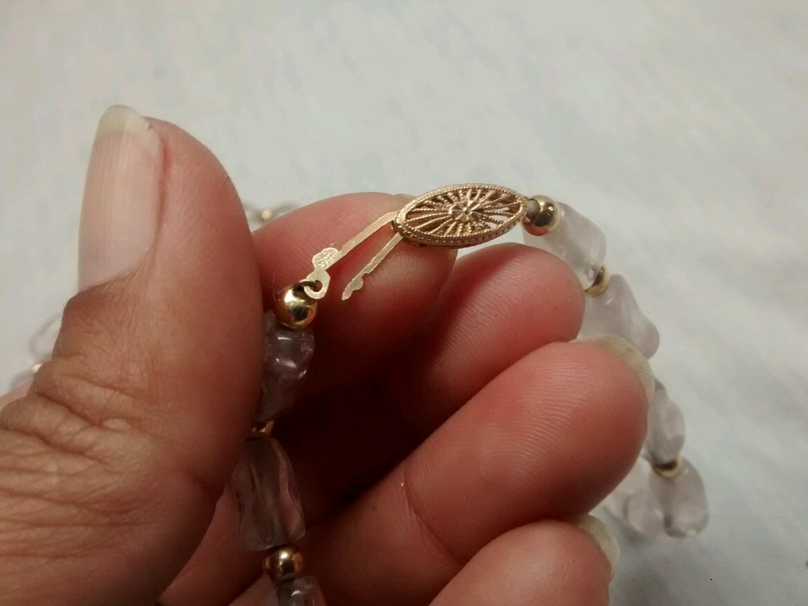 Stunning antique art deco Chinese carved rose quartz 14k gold beads necklace