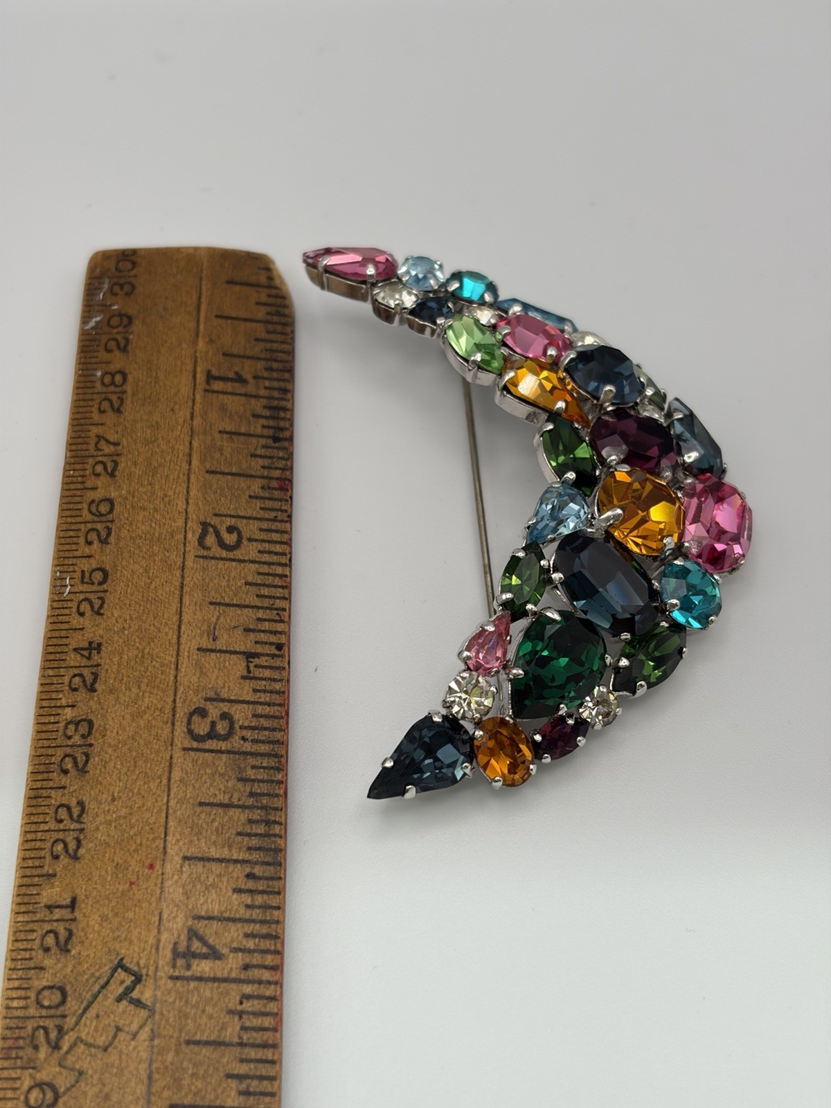 Lg Vintage Austrian Crystal 70s Brooch Brilliant Sparkling Multicolour & Shapes