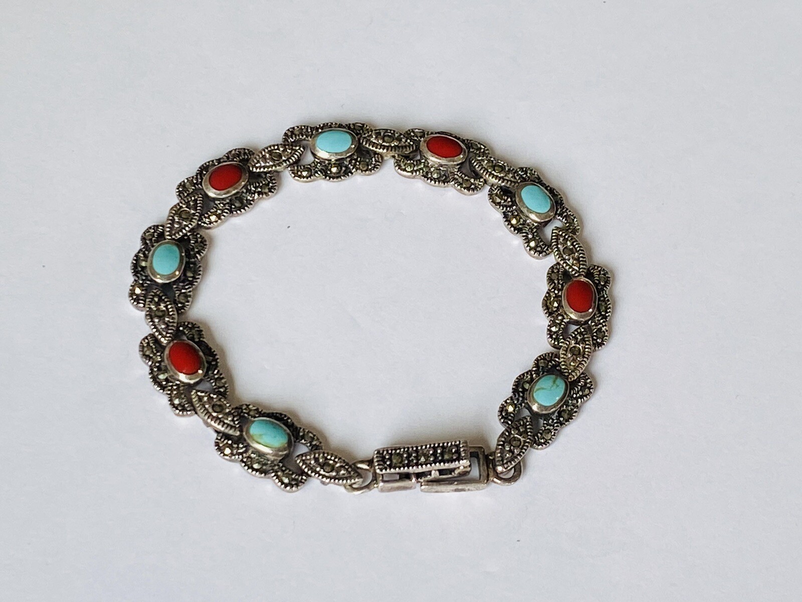 Vintage Sign Sterling Silver Multi Stone Turquoise Coral Marcasite Link Bracelet